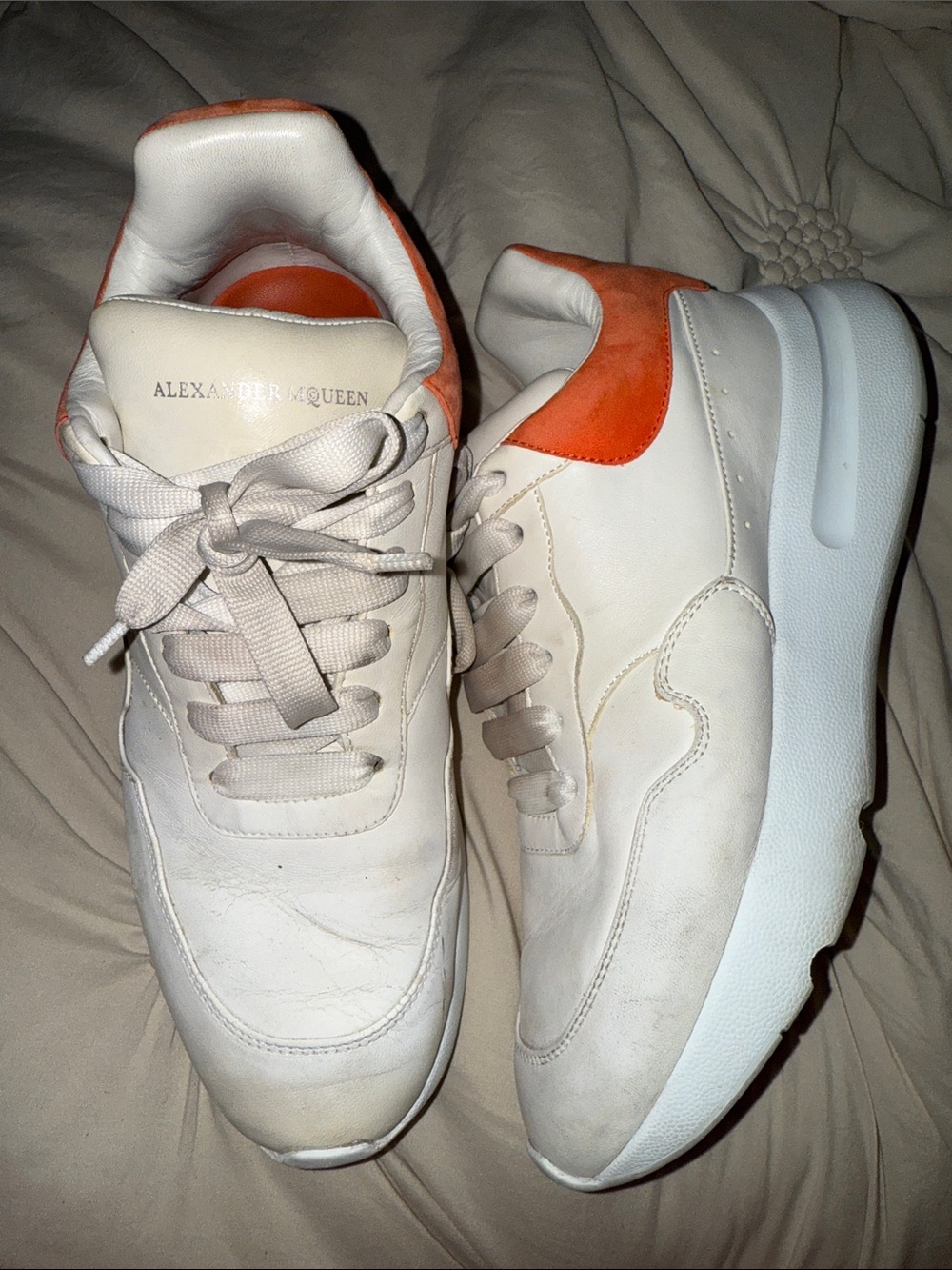 Alexander McQueen White Leather Sneakers with Orange Heel Tab